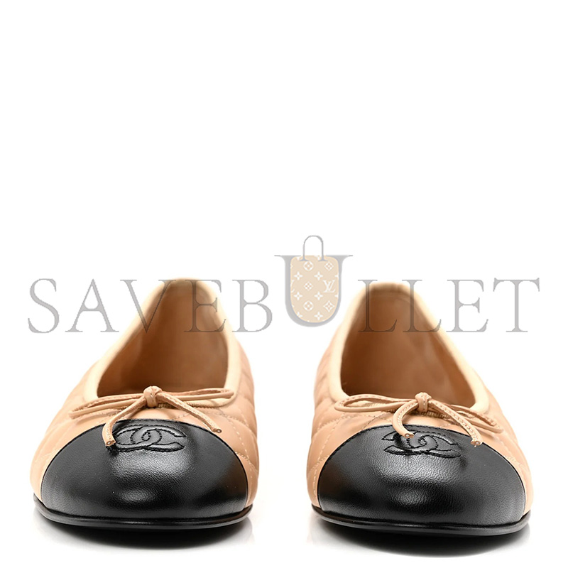 Ch**el LAMBSKIN QUILTED CC CAP TOE BALLERINA FLATS BEIGE BLACK